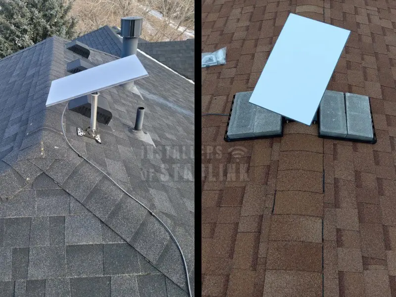 Starlink dish on a pipe mount over gray shingles on the left, and two flat roof mounts beside a Starlink dish on brown shingles on the right.
