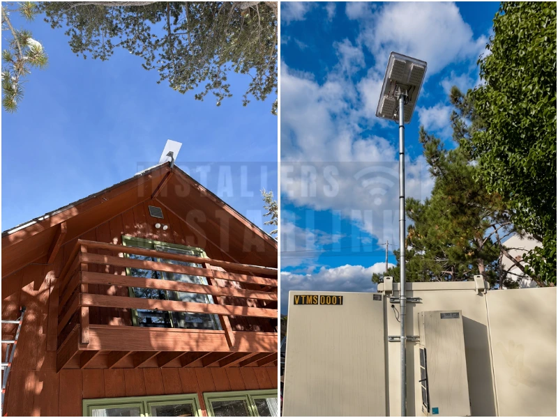 Professional Starlink installations designed to bypass tree obstructions, featuring a roof-peak mount and a high-elevation tower mount for reliable rural connectivity.
