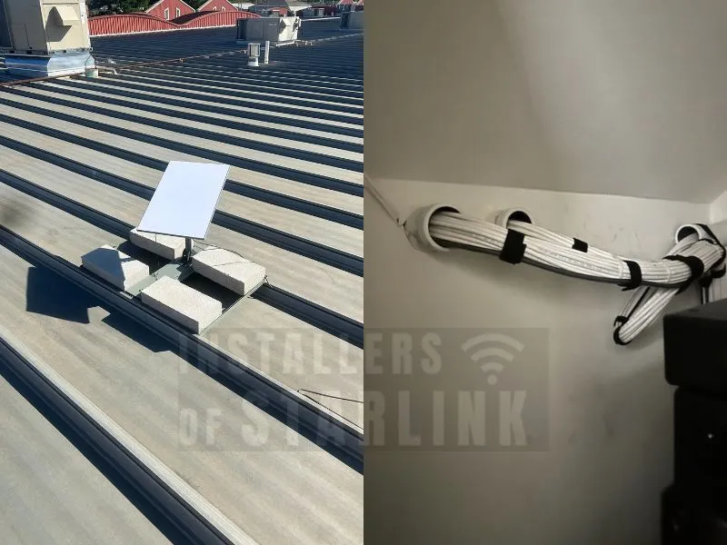 A completed commercial Starlink installation using a non-penetrating ballast mount on a standing-seam metal roof, with the cable neatly bundled and routed through interior conduit.