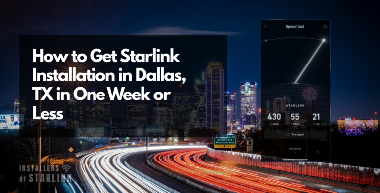 Starlink installation Dallas, TX — a dish on a rooftop with the downtown Dallas skyline behind