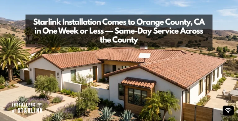 Starlink installation in Orange County, CA — flat-panel dish roof-mounted on a Spanish-tile home with the coast and canyons beyond