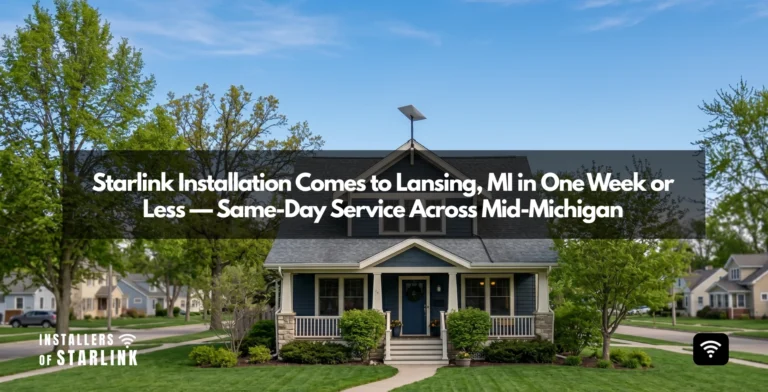 Starlink installation in Lansing, MI — flat-panel Starlink dish pole-mounted on a mid-Michigan home with a clear line of sight to the sky