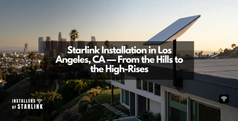 Starlink installation Los Angeles, CA — a dish on a hillside LA home overlooking the skyline
