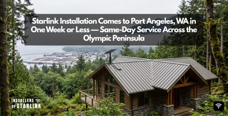 Starlink installation in Port Angeles, WA — flat-panel Starlink dish roof-mounted to clear the tall evergreens with the Strait of Juan de Fuca beyond