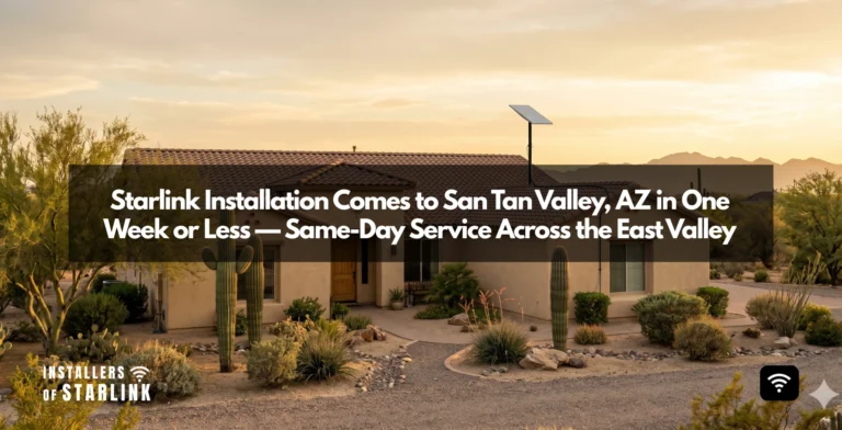 Starlink installation in San Tan Valley, AZ — flat-panel Starlink dish on a stucco desert home with the San Tan Mountains beyond