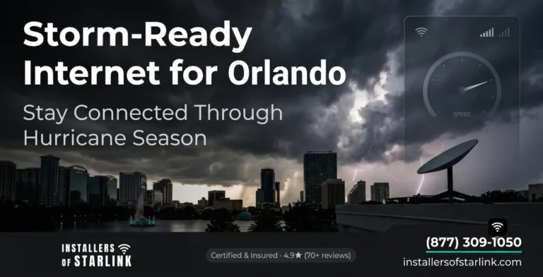 Storm-ready internet in Orlando — a Starlink dish on a rooftop under a stormy Central Florida sky