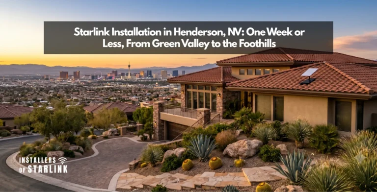 Starlink installation in Henderson, NV — a dish on a tile roof with the Black Mountain foothills behind