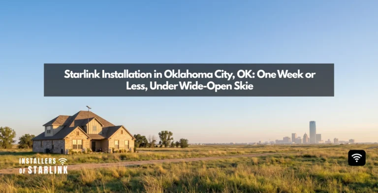 Starlink installation in Oklahoma City, OK — a dish on an open-sky OKC rooftop with the downtown skyline beyond