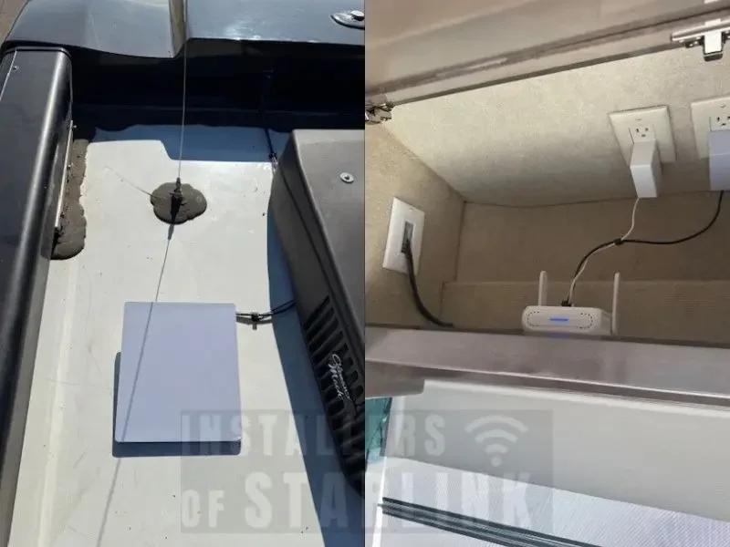 Top view of a completed Starlink mini installation on an Integra RV with custom router hookup done by our installers.