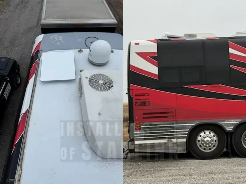 Texas Starlink Installation on a red and white tour bus — rooftop flat dish next to legacy dome antenna and side-profile view of the coach.