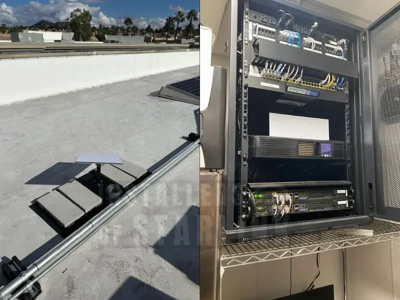 A completed Starlink non-penetrating roof mount, with router connection to the firewall of a commercial business, done by our expert installers.